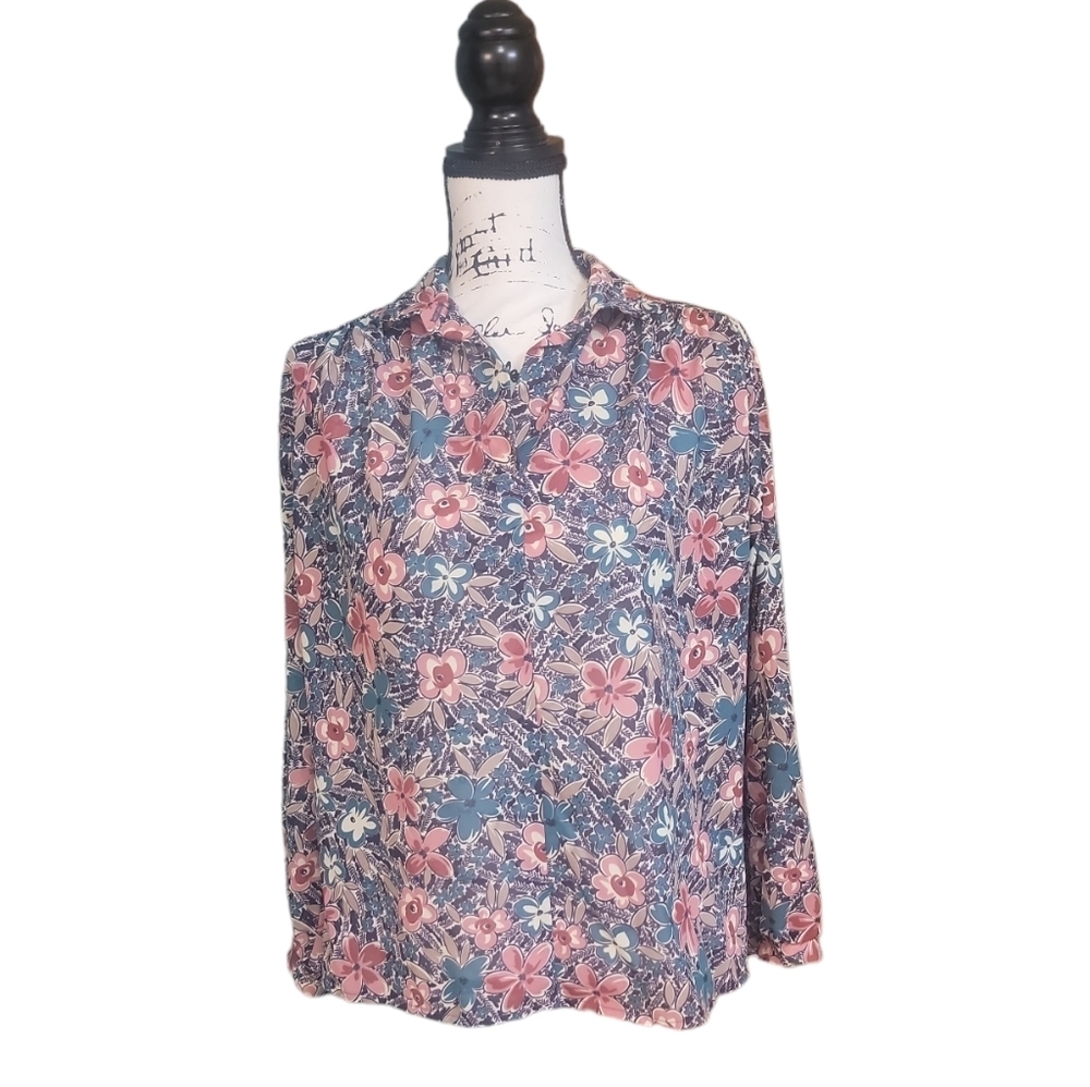 Vintage 70s Center Stage Floral Cottage Retro Floral Print Top Size Medium